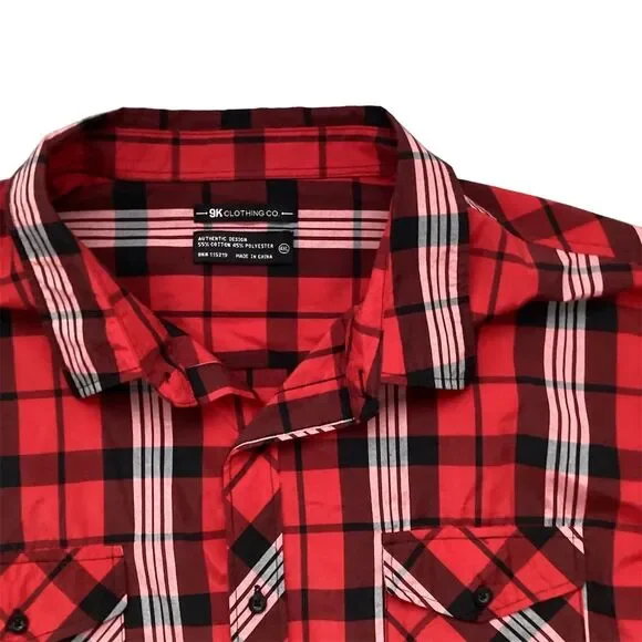9K Clothing Men's L Red Plaid Long Sleeve Button-Up Shirt Casual - Picture 3 of 6